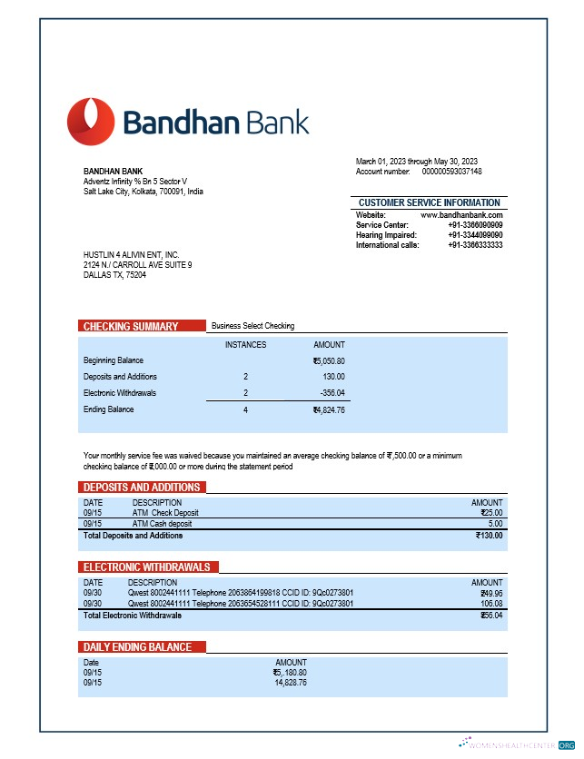 Download Bandhan Bank organization account statement Word and PDF template Photoshop template